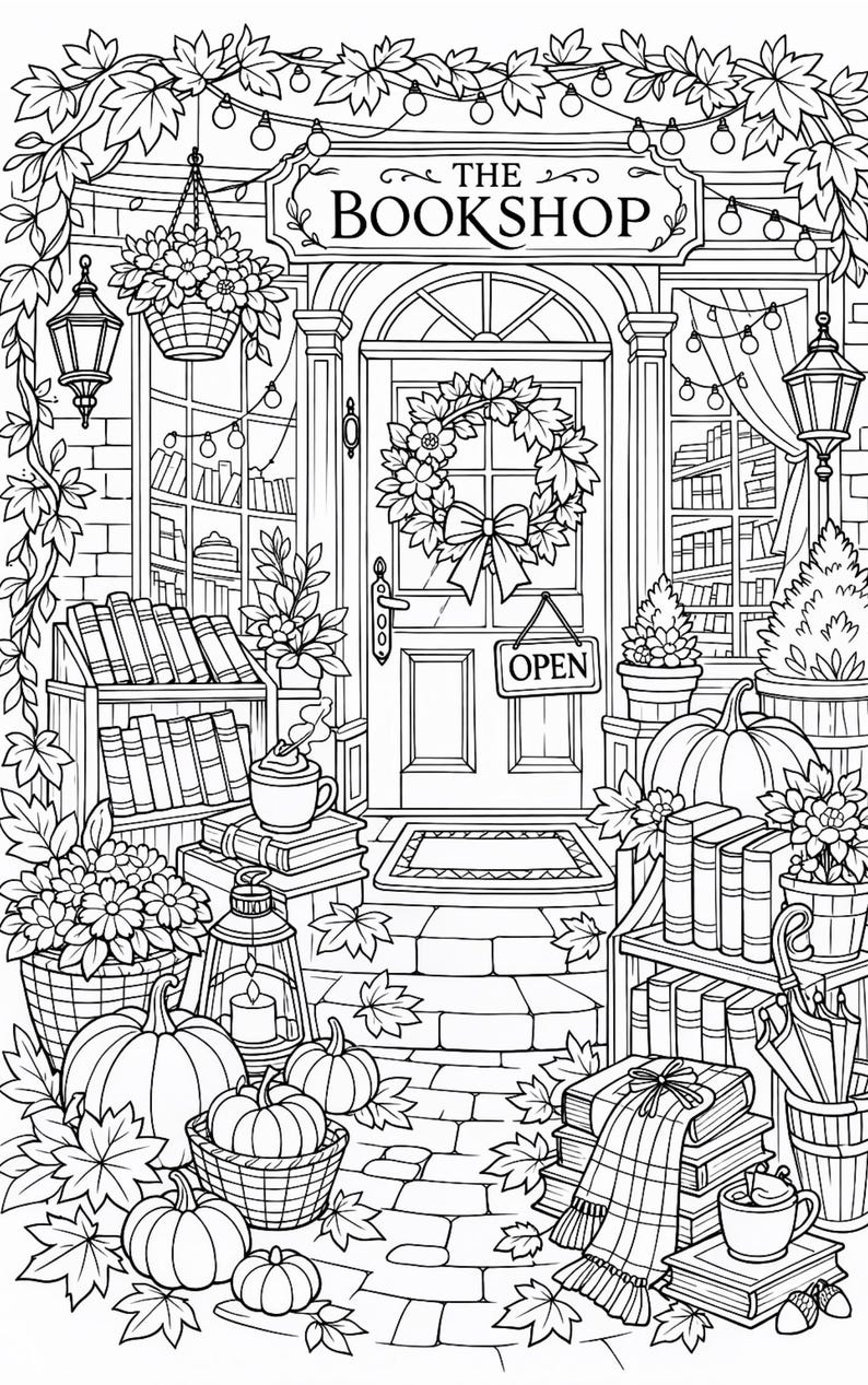 Cozy Bookshop & Library Coloring Pages for Adults | Book Lover Gift ...