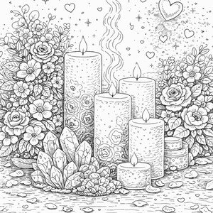 Pu&ograve; includere: Illustrazione in bianco e nero di candele accese, fiori, cristalli e cuori. Le candele, di varie dimensioni, sono decorate con motivi floreali. Il fumo sale dagli stoppini, circondato da fiori, cristalli e cuori sparsi.