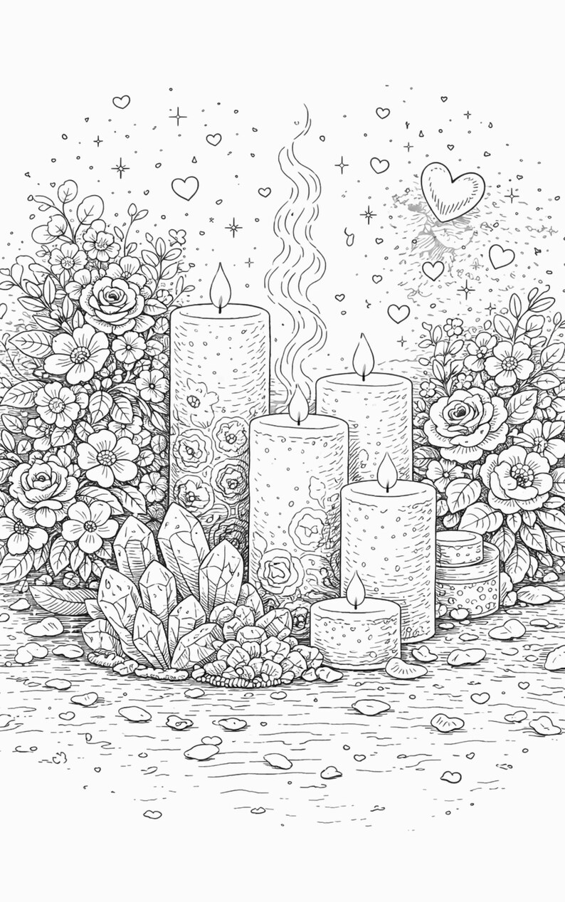 Pu&ograve; includere: Illustrazione in bianco e nero di candele accese, fiori, cristalli e cuori. Le candele, di varie dimensioni, sono decorate con motivi floreali. Il fumo sale dagli stoppini, circondato da fiori, cristalli e cuori sparsi.