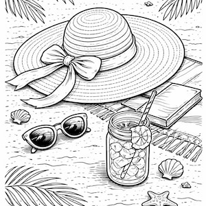K&ouml;nnte beinhalten: Schwarz-Wei&szlig;-Illustration einer Strandszene mit Sonnenhut, Sonnenbrille, einem Glas mit Getr&auml;nk, einem Buch und Muscheln. Der Text "Sip, relax, and unwind" steht unten. Die Szene erinnert an Entspannung und Freizeit.