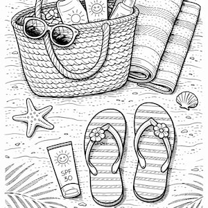 K&ouml;nnte beinhalten: Schwarz-Wei&szlig;-Illustration von Strandutensilien. Eine Korbtasche enth&auml;lt Sonnenbrillen, Sonnencreme und andere Gegenst&auml;nde. Gestreifte Strandt&uuml;cher, Flip-Flops mit Blumen, ein Seestern und Muscheln sind ebenfalls vorhanden. Der Text lautet "Sunshine and simple pleasures."