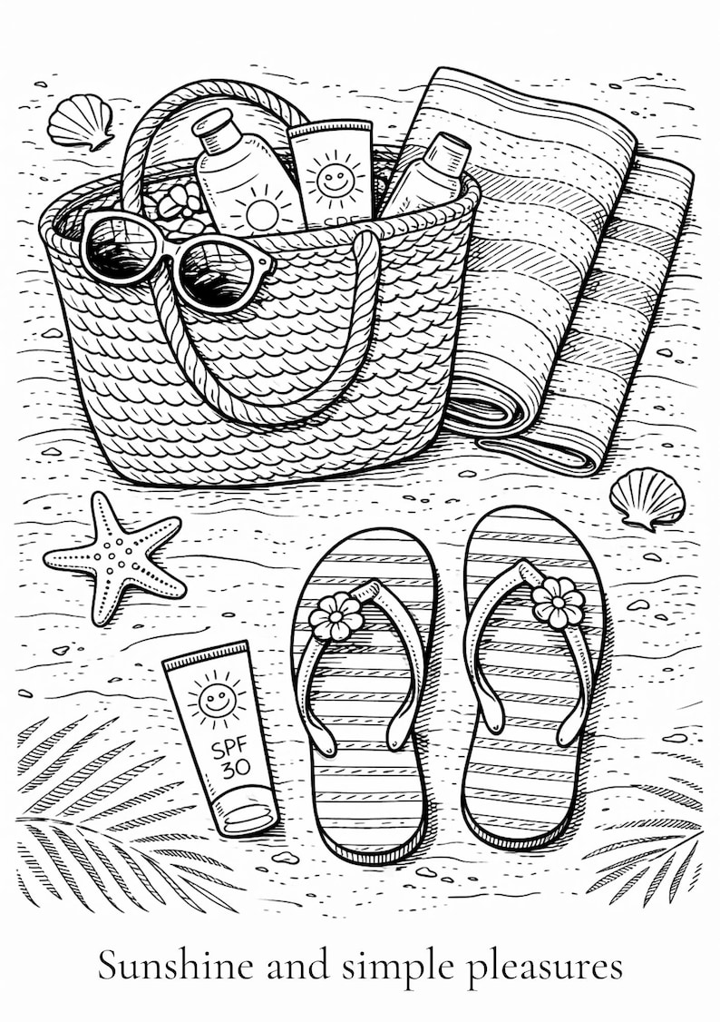 K&ouml;nnte beinhalten: Schwarz-Wei&szlig;-Illustration von Strandutensilien. Eine Korbtasche enth&auml;lt Sonnenbrillen, Sonnencreme und andere Gegenst&auml;nde. Gestreifte Strandt&uuml;cher, Flip-Flops mit Blumen, ein Seestern und Muscheln sind ebenfalls vorhanden. Der Text lautet "Sunshine and simple pleasures."