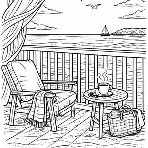 K&ouml;nnte beinhalten: Schwarz-Wei&szlig;-Strichzeichnung einer Meereslandschaft. Ein Holzstuhl mit einer Decke, ein kleiner Tisch mit einer Tasse Kaffee und ein Korb befinden sich auf einem Deck mit Blick auf das Meer. Der Text "Peace begins at the shore" steht unten.