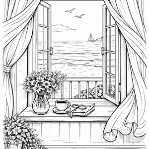 K&ouml;nnte beinhalten: Schwarz-Wei&szlig;-Illustration eines Fensters mit Meerblick. Auf der Fensterbank stehen eine Blumenvase, eine Kaffeetasse, ein Buch und eine Brille. Der Text "Happiness is a beach day" steht unten.