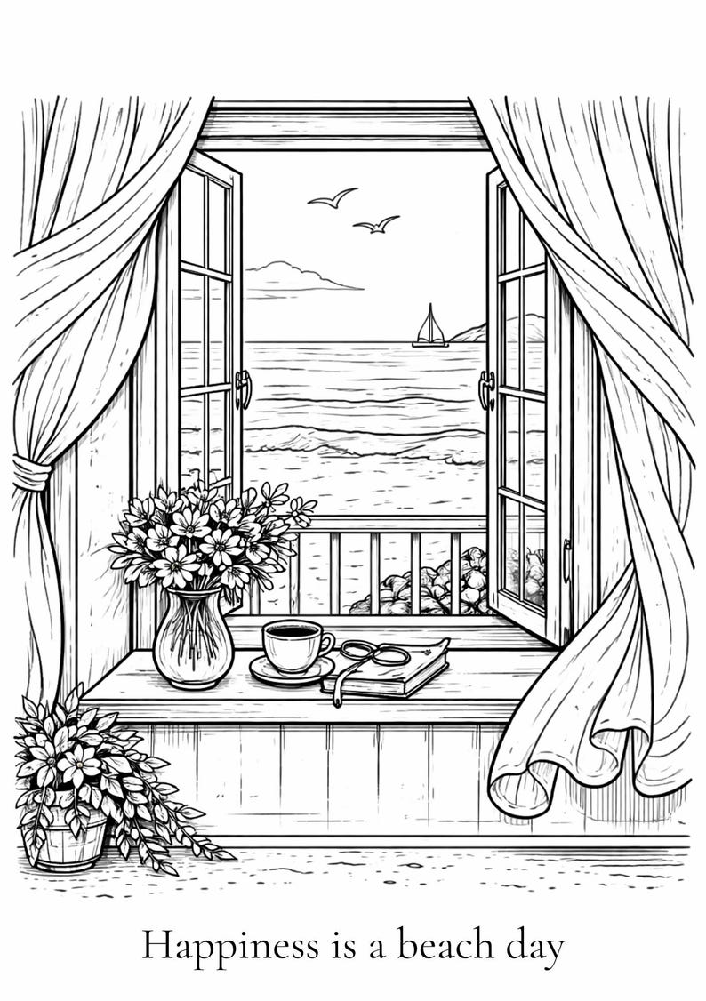 K&ouml;nnte beinhalten: Schwarz-Wei&szlig;-Illustration eines Fensters mit Meerblick. Auf der Fensterbank stehen eine Blumenvase, eine Kaffeetasse, ein Buch und eine Brille. Der Text "Happiness is a beach day" steht unten.