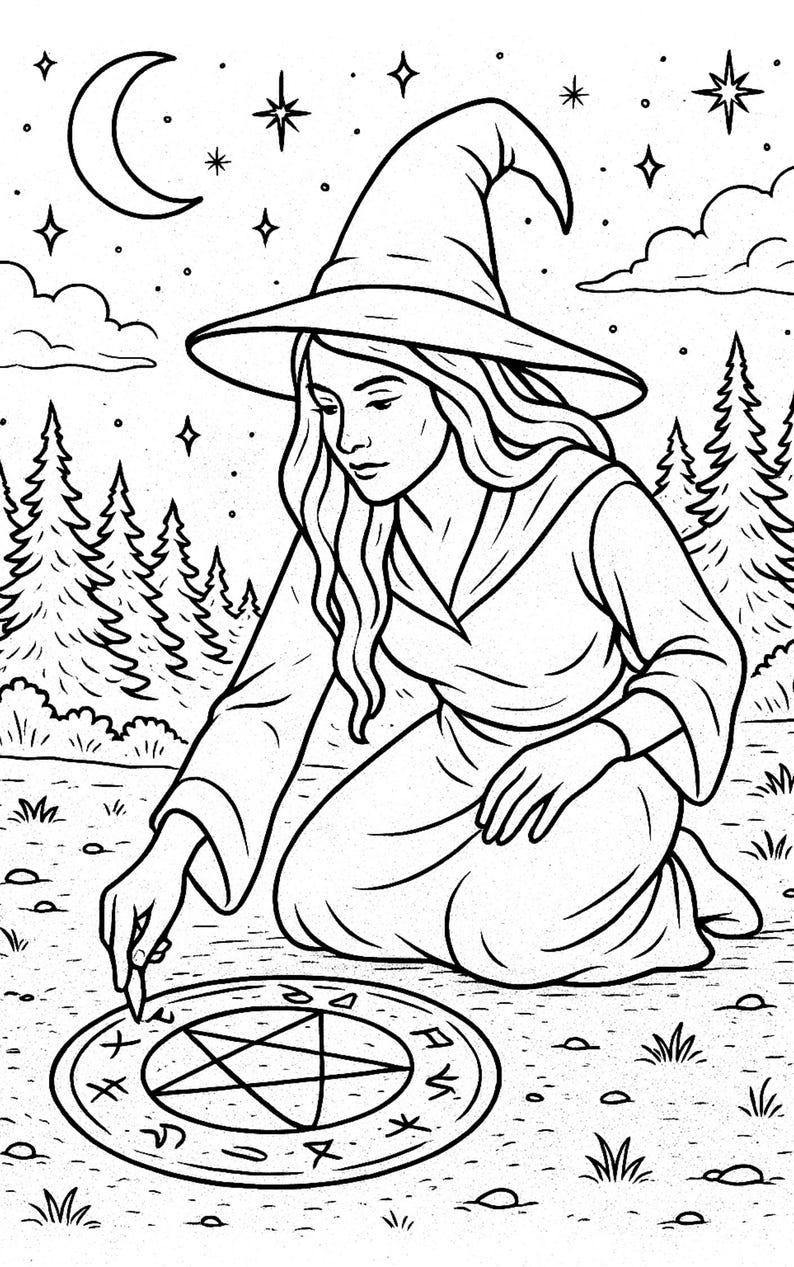 K&ouml;nnte beinhalten: Schwarz-Wei&szlig;-Illustration einer Hexe, die kniet und ein Pentagramm zeichnet. Sie tr&auml;gt einen spitzen Hut und eine Robe, mit einem Mond und Sternen im Hintergrund. B&auml;ume und Gras sind ebenfalls zu sehen.