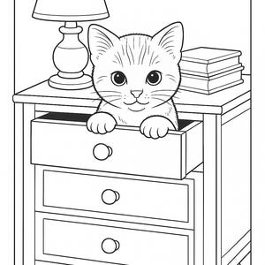May include: Black and white illustration of a kitten peeking out of a drawer in a nightstand. A lamp and a stack of books are on top of the nightstand. The nightstand has three drawers.