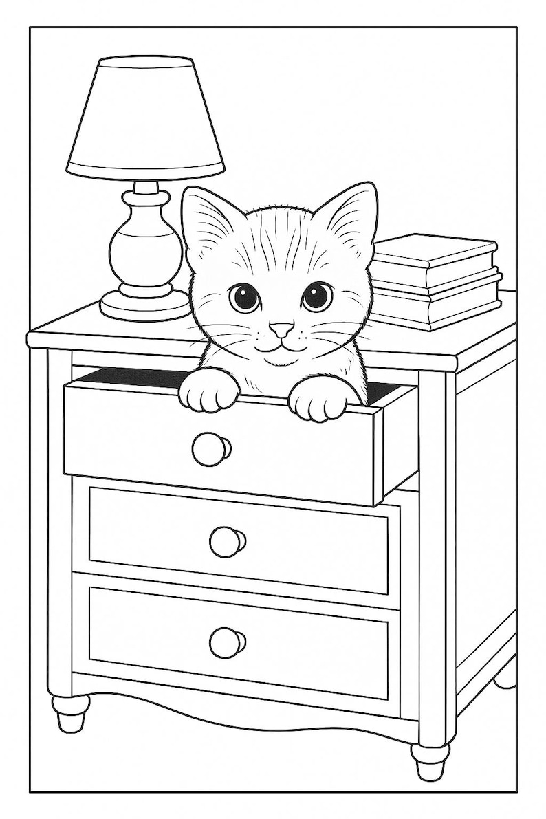 May include: Black and white illustration of a kitten peeking out of a drawer in a nightstand. A lamp and a stack of books are on top of the nightstand. The nightstand has three drawers.