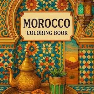 Peut inclure: Illustration d'un "Morocco Coloring Book" avec une théière dorée, des collations et un verre de thé à la menthe sur un plateau. Le fond présente une mosaïque, une arche et une lanterne suspendue.