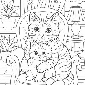 May include: Black and white line art illustration of a mother cat and kitten sitting in a chair. The mother cat is embracing the kitten. The background includes a window, curtains, a lamp, and potted plants.