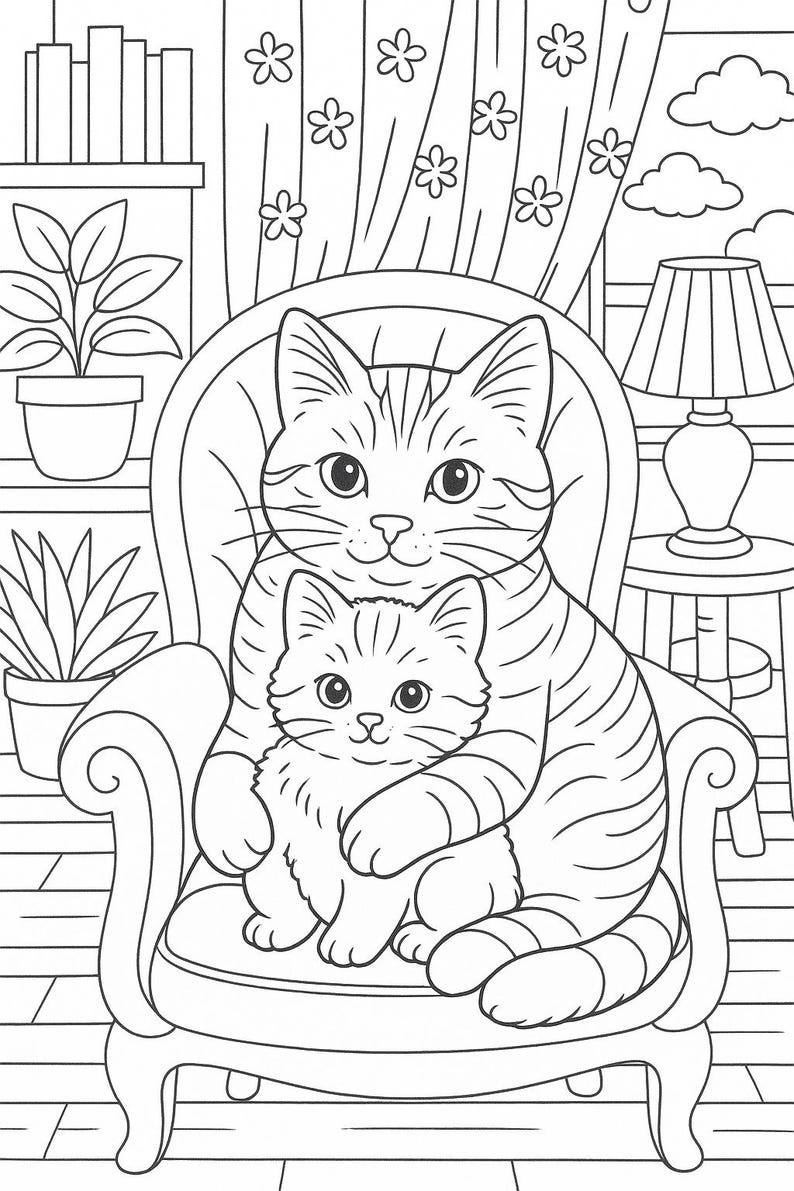May include: Black and white line art illustration of a mother cat and kitten sitting in a chair. The mother cat is embracing the kitten. The background includes a window, curtains, a lamp, and potted plants.