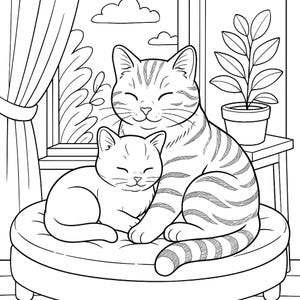 May include: Black and white line art illustration of two cats. One larger cat is striped and cuddling a smaller cat. They are sitting on a round cushion. A window with a curtain and a potted plant are in the background.