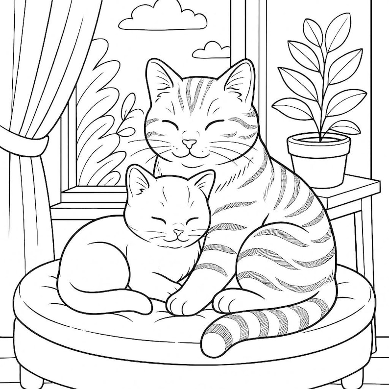 May include: Black and white line art illustration of two cats. One larger cat is striped and cuddling a smaller cat. They are sitting on a round cushion. A window with a curtain and a potted plant are in the background.