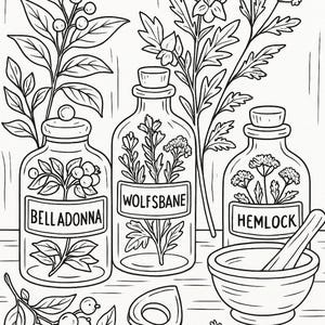 K&ouml;nnte beinhalten: Schwarz-Wei&szlig;-Illustration von Apothekenartikeln. Drei Glasflaschen mit der Aufschrift "Belladonna", "Wolfsbane" und "Hemlock" enthalten botanische Illustrationen. Ein M&ouml;rser und St&ouml;&szlig;el, ein kleiner Holzgegenstand und Pflanzenzweige vervollst&auml;ndigen die Szene.