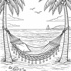 K&ouml;nnte beinhalten: Schwarz-Wei&szlig;-Illustration einer Strandszene mit zwei Palmen, die eine H&auml;ngematte einrahmen. Die H&auml;ngematte hat ein Kissen und Quasten. Das Meer hat ein Segelboot. Der Text unten lautet: &bdquo;Entschleunigen und die Aussicht genie&szlig;en.&ldquo;