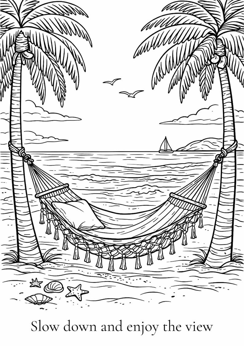 K&ouml;nnte beinhalten: Schwarz-Wei&szlig;-Illustration einer Strandszene mit zwei Palmen, die eine H&auml;ngematte einrahmen. Die H&auml;ngematte hat ein Kissen und Quasten. Das Meer hat ein Segelboot. Der Text unten lautet: &bdquo;Entschleunigen und die Aussicht genie&szlig;en.&ldquo;