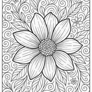 May include: A black and white line drawing of a flower with intricate details. The flower is surrounded by swirling vines and leaves. The text "EXOTIC BLOOMS" is at the top of the image.