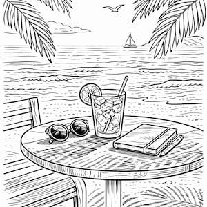 K&ouml;nnte beinhalten: Schwarz-Wei&szlig;-Illustration einer Strandszene mit einem Tisch mit einem Getr&auml;nk, Sonnenbrille, Notizbuch und Stift. Der Text "Let your thoughts drift away" befindet sich unten.