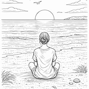 K&ouml;nnte beinhalten: Schwarz-Wei&szlig;-Linienkunst-Illustration einer Person, die am Strand sitzt und bei Sonnenuntergang dem Meer zugewandt ist. Der Text "Watch the sun kiss the horizon" befindet sich am unteren Rand des Bildes. M&ouml;wen fliegen am Himmel.