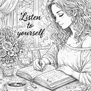 Pu&ograve; includere: Illustrazione in bianco e nero di una persona che scrive in un diario, con la scritta "Ascoltati". Una tazza di caff&egrave;, fiori e candele sono sul tavolo. La scena &egrave; ambientata vicino a una finestra con tende.