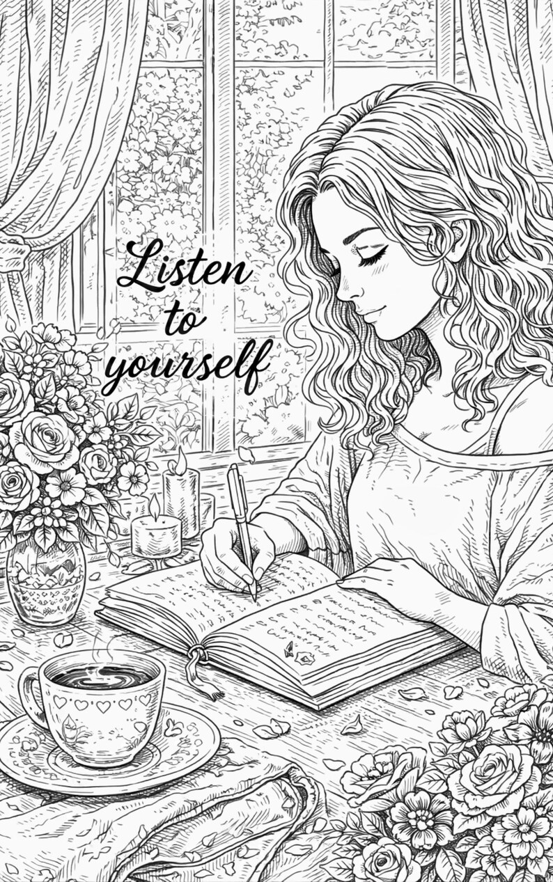 Pu&ograve; includere: Illustrazione in bianco e nero di una persona che scrive in un diario, con la scritta "Ascoltati". Una tazza di caff&egrave;, fiori e candele sono sul tavolo. La scena &egrave; ambientata vicino a una finestra con tende.