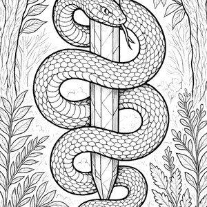 K&ouml;nnte beinhalten: Schwarz-Wei&szlig;-Illustration einer Schlange, die sich um einen Kristall windet. Die Schlange hat detaillierte Schuppen und eine gespaltene Zunge. Der Kristall hat eine hohe, facettierte Form. Der Hintergrund zeigt stilisierte B&auml;ume und Bl&auml;tter, die ein mystisches Thema erzeugen.