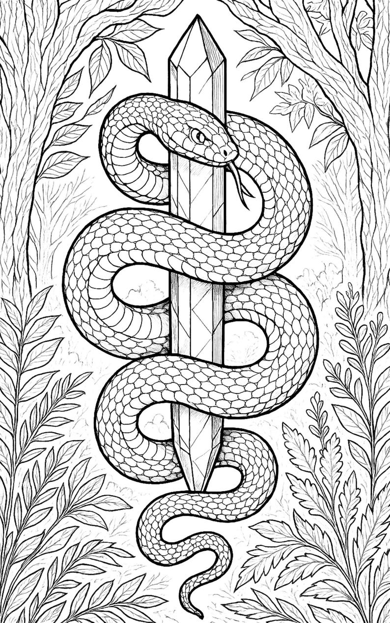 K&ouml;nnte beinhalten: Schwarz-Wei&szlig;-Illustration einer Schlange, die sich um einen Kristall windet. Die Schlange hat detaillierte Schuppen und eine gespaltene Zunge. Der Kristall hat eine hohe, facettierte Form. Der Hintergrund zeigt stilisierte B&auml;ume und Bl&auml;tter, die ein mystisches Thema erzeugen.