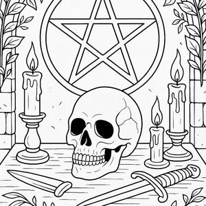 K&ouml;nnte beinhalten: Schwarz-Wei&szlig;-Illustration einer rituellen Szene. Ein Sch&auml;del liegt auf einem Tisch mit zwei brennenden Kerzen, zwei Dolchen und einem Pentagramm. Dekorative Bl&auml;tter und Mauerwerk umrahmen die Szene.
