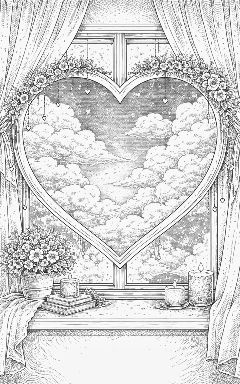 Pu&ograve; includere: Illustrazione in bianco e nero di una finestra con cornice a forma di cuore, tende e vista sulle nuvole. Una composizione floreale, candele e libri sono sul davanzale. Ghirlande floreali e ornamenti a cuore decorano la finestra.