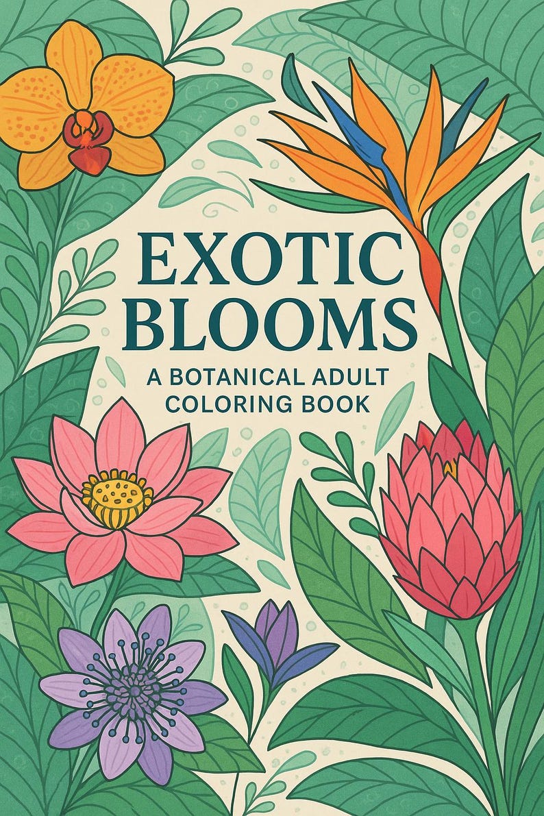 May include: A coloring book cover featuring a variety of exotic flowers, including a yellow orchid, a bird of paradise flower, a pink lotus, a red protea, and a purple passionflower. The title of the book is "Exotic Blooms: A Botanical Adult Coloring Book".