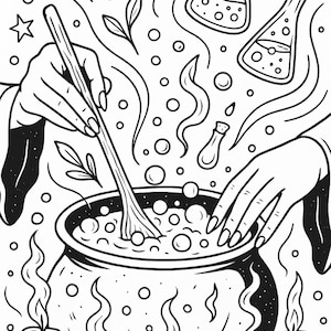 K&ouml;nnte beinhalten: Schwarz-Wei&szlig;-Illustration eines Hexenkessels mit H&auml;nden, die einen Trank umr&uuml;hren. Zwei Flaschen, Blasen, Bl&auml;tter und Kerzen umgeben den Kessel. Ein Stern und eine kleine Phiole sind ebenfalls vorhanden und erzeugen ein mystisches Thema.