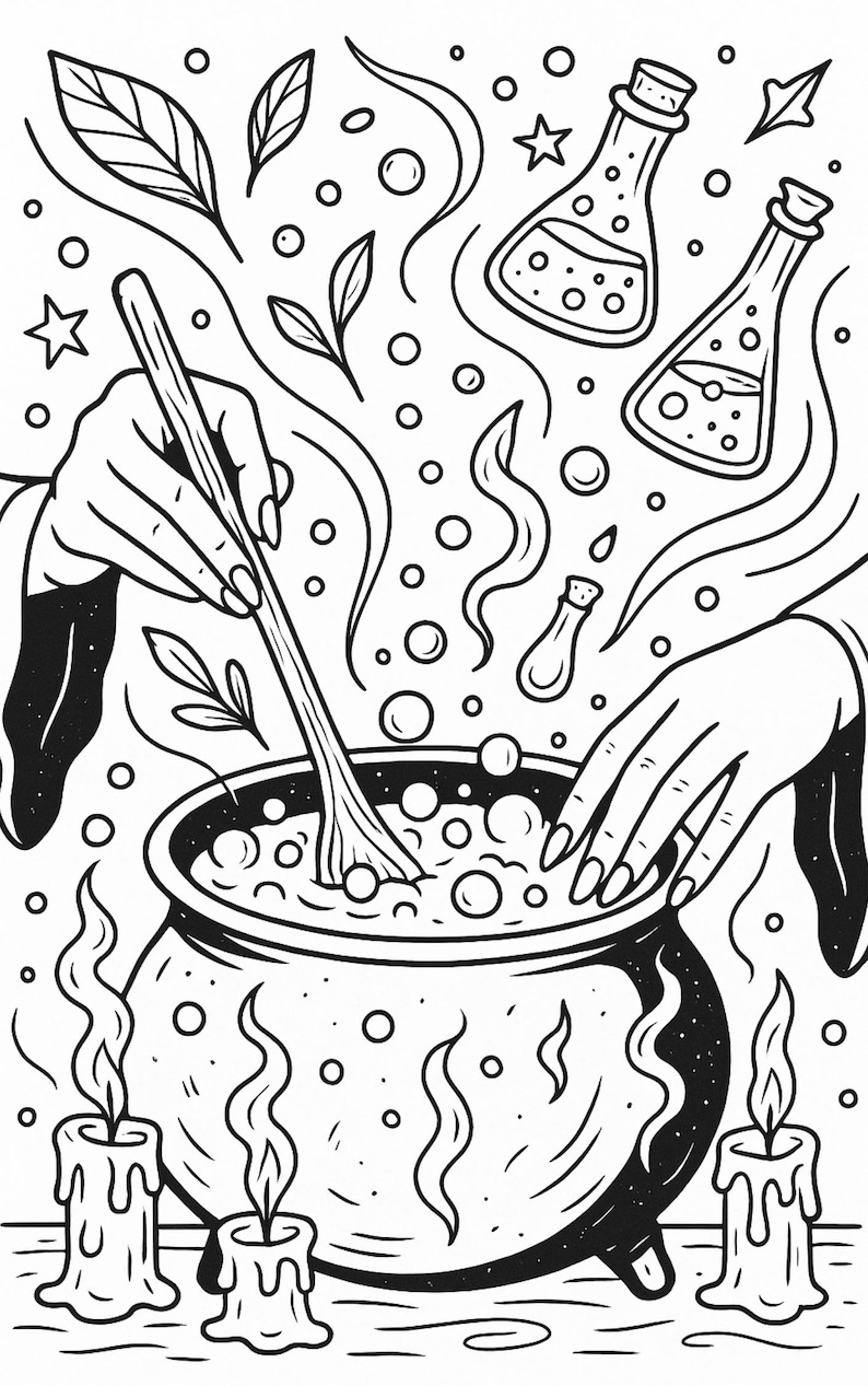 K&ouml;nnte beinhalten: Schwarz-Wei&szlig;-Illustration eines Hexenkessels mit H&auml;nden, die einen Trank umr&uuml;hren. Zwei Flaschen, Blasen, Bl&auml;tter und Kerzen umgeben den Kessel. Ein Stern und eine kleine Phiole sind ebenfalls vorhanden und erzeugen ein mystisches Thema.