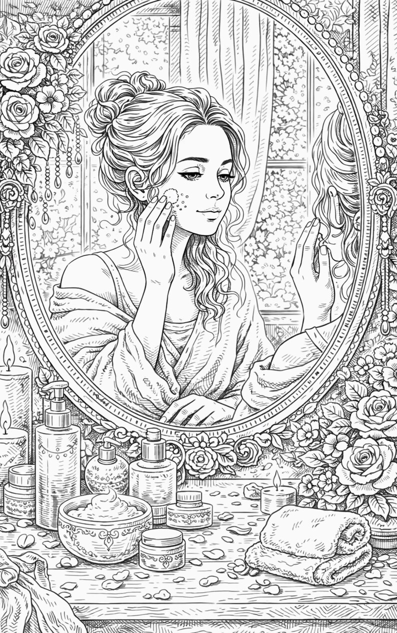 Pu&ograve; includere: Illustrazione in bianco e nero di una donna che si guarda allo specchio, applicando prodotti per la cura della pelle. Lo specchio ovale &egrave; decorato con dettagli floreali. Vari prodotti per la cura della pelle, candele e un asciugamano sono sul tavolo da trucco.