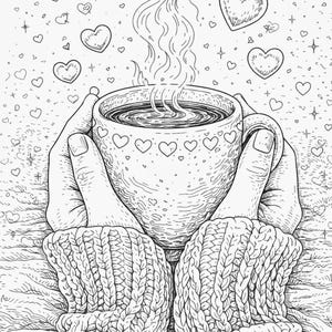 Pu&ograve; includere: Illustrazione in bianco e nero di una tazza fumante di caff&egrave; o t&egrave; tenuta da mani con guanti di lana. La tazza &egrave; decorata con cuori, e altri cuori fluttuano sullo sfondo, creando un tema accogliente e romantico.