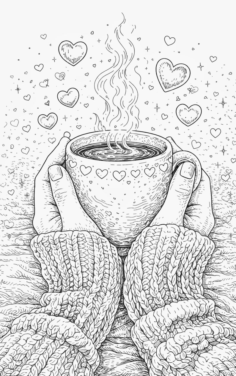 Pu&ograve; includere: Illustrazione in bianco e nero di una tazza fumante di caff&egrave; o t&egrave; tenuta da mani con guanti di lana. La tazza &egrave; decorata con cuori, e altri cuori fluttuano sullo sfondo, creando un tema accogliente e romantico.