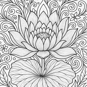 May include: A black and white line drawing of a lotus flower with intricate details. The flower is surrounded by swirling vines and leaves.