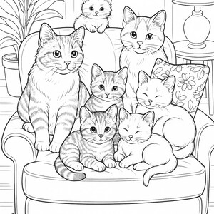 May include: A black and white illustration of seven cats of varying sizes sitting on a white armchair. The cats have different markings and expressions. A lamp and potted plant are in the background.