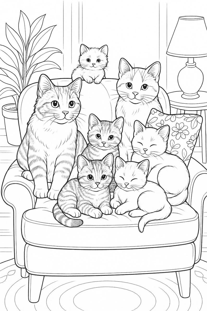 May include: A black and white illustration of seven cats of varying sizes sitting on a white armchair. The cats have different markings and expressions. A lamp and potted plant are in the background.