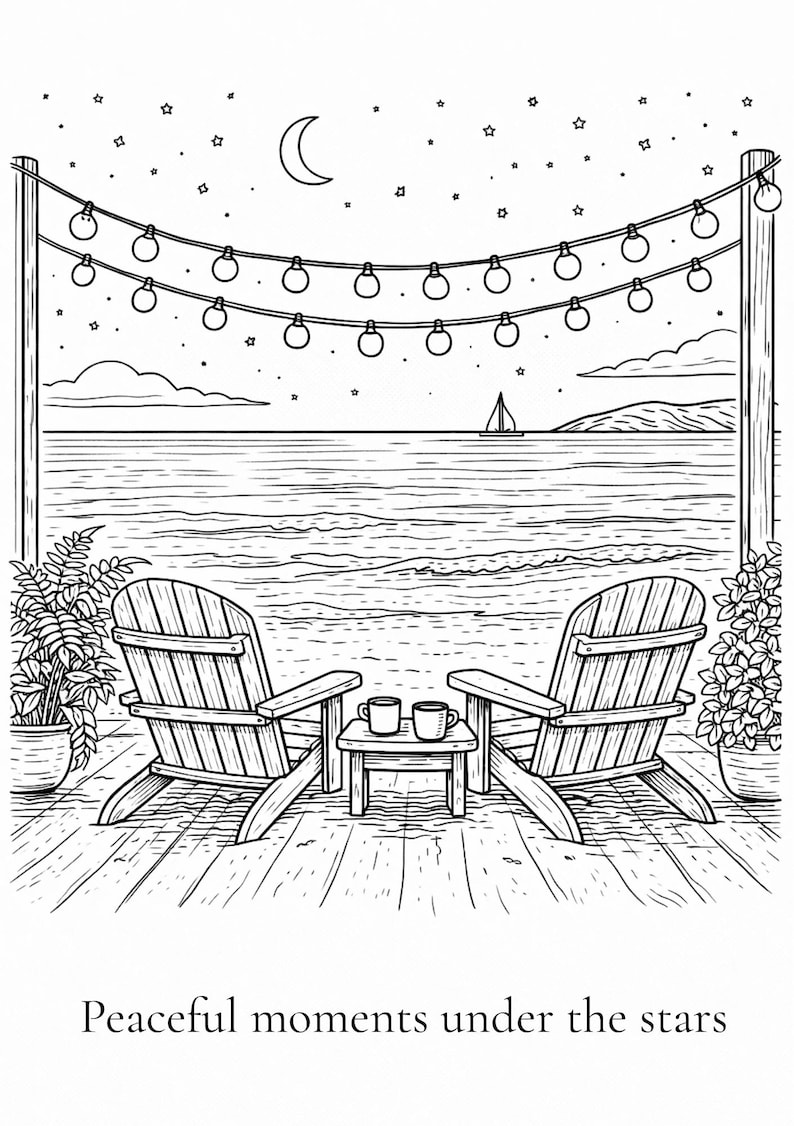 K&ouml;nnte beinhalten: Schwarz-Wei&szlig;-Illustration einer ruhigen Strandszene bei Nacht. Zwei h&ouml;lzerne Adirondack-St&uuml;hle blicken auf das Meer, mit einem kleinen Tisch mit zwei Tassen. Lichterketten h&auml;ngen dar&uuml;ber, mit einem Halbmond und Sternen am Himmel. Der Text "Peaceful moments under the stars" befindet sich unten.