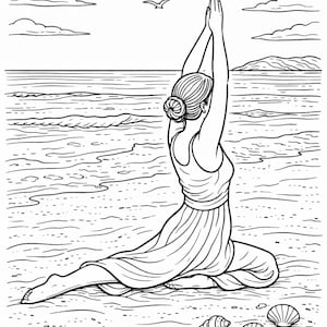 K&ouml;nnte beinhalten: Schwarz-Wei&szlig;-Illustration einer Person in einer Yoga-Pose am Strand, mit erhobenen Armen. Das Bild enth&auml;lt den Text "Wander where the sea breeze takes you."