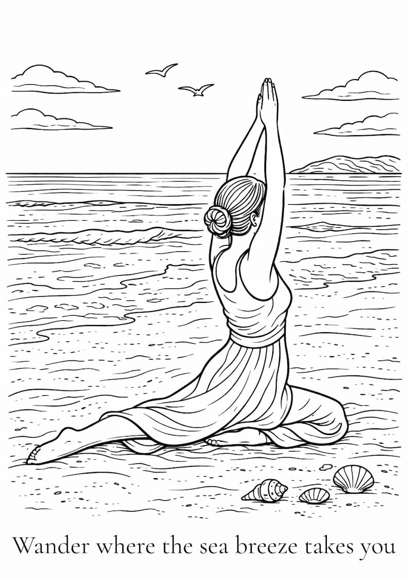 K&ouml;nnte beinhalten: Schwarz-Wei&szlig;-Illustration einer Person in einer Yoga-Pose am Strand, mit erhobenen Armen. Das Bild enth&auml;lt den Text "Wander where the sea breeze takes you."