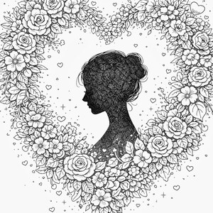 Pu&ograve; includere: Illustrazione in bianco e nero di una silhouette femminile all'interno di una composizione floreale a forma di cuore. I fiori includono rose e altri fiori dettagliati, con piccoli cuori e croci sparsi nel design.