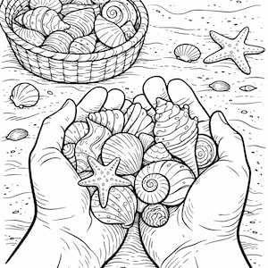 K&ouml;nnte beinhalten: Schwarz-Wei&szlig;-Illustration von Muscheln und einem Seestern. Ein geflochtener Korb ist mit verschiedenen Muscheln gef&uuml;llt. H&auml;nde halten eine Sammlung von Muscheln. Der Text "Sammle Momente wie Muscheln" befindet sich unten.