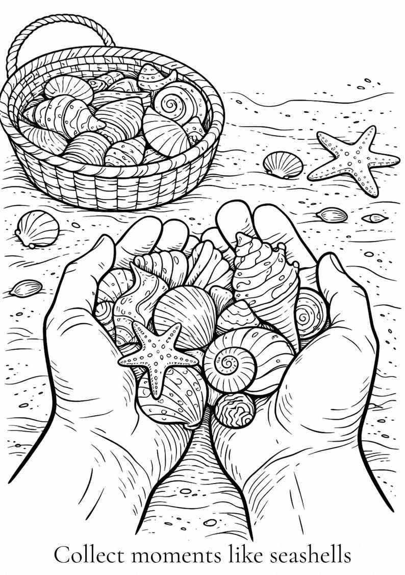 K&ouml;nnte beinhalten: Schwarz-Wei&szlig;-Illustration von Muscheln und einem Seestern. Ein geflochtener Korb ist mit verschiedenen Muscheln gef&uuml;llt. H&auml;nde halten eine Sammlung von Muscheln. Der Text "Sammle Momente wie Muscheln" befindet sich unten.