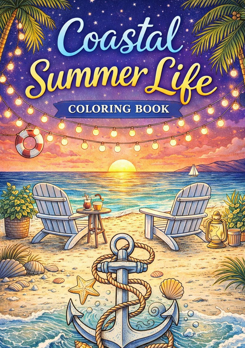 K&ouml;nnte beinhalten: Farbenfrohe Illustration f&uuml;r ein Malbuch mit dem Titel "Coastal Summer Life". Das Cover zeigt eine Strandszene mit Adirondack-St&uuml;hlen, einem Anker und einem Sonnenuntergang. Der Himmel ist voller Sterne und Lichterketten.