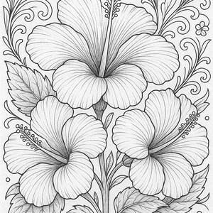 May include: A black and white line drawing of two hibiscus flowers with intricate details. The flowers are surrounded by leaves and swirling vines.