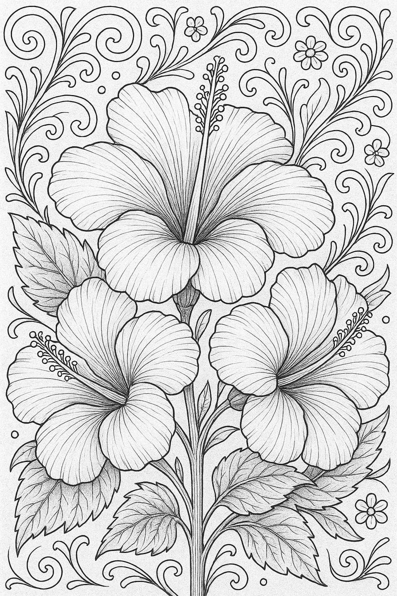 May include: A black and white line drawing of two hibiscus flowers with intricate details. The flowers are surrounded by leaves and swirling vines.