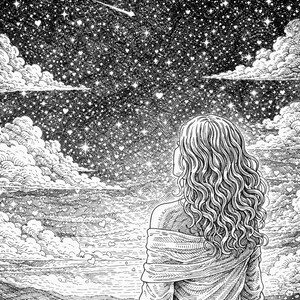 Pu&ograve; includere: Illustrazione in bianco e nero di una donna che guarda un cielo stellato con una stella cadente. L'opera presenta nuvole dettagliate, un campo di fiori e un vestito.