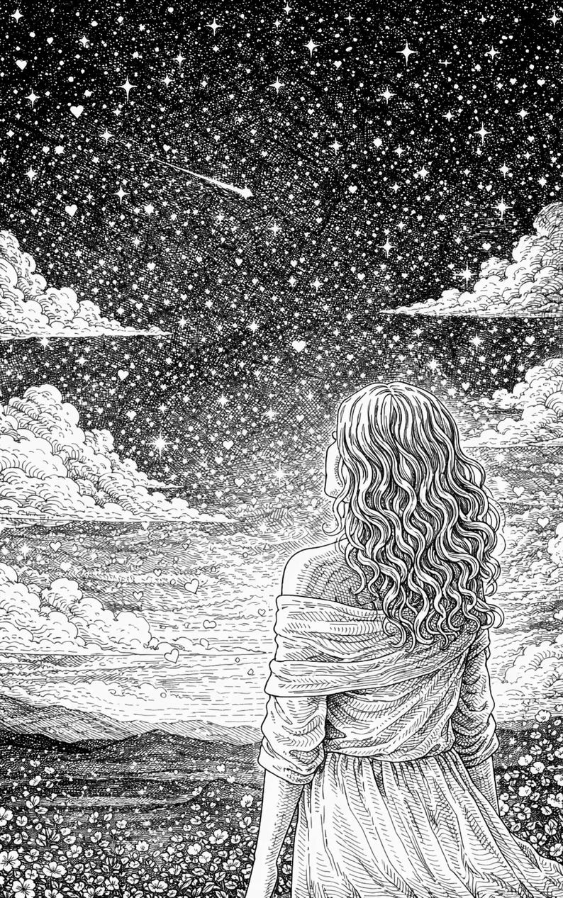 Pu&ograve; includere: Illustrazione in bianco e nero di una donna che guarda un cielo stellato con una stella cadente. L'opera presenta nuvole dettagliate, un campo di fiori e un vestito.