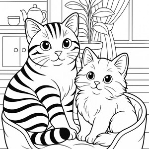 May include: Black and white illustration of two cats. One cat is striped and seated, the other is fluffy and seated in a cat bed. The background includes a window, curtains, and a shelf with a teapot and plant.